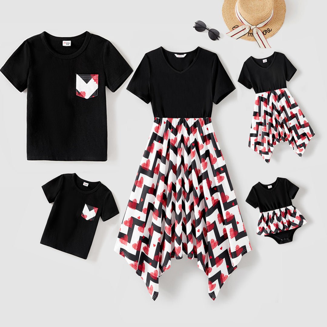 Family Matching Black Splicing Floral Print Short-sleeve Dresses and T-shirts Sets